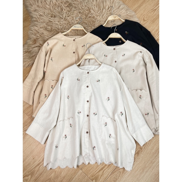 Kylia Flower Sulam Top - Creme / Soft Khaki / Soft Brown / Black
